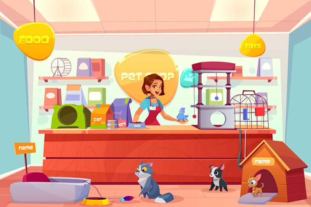 Modern pet shop interior cartoon vector concept. Happy smiling female salesperson in apron, standing behind counter with goods, holding parrot on hand, cats and dogs playing toys on floor illustration