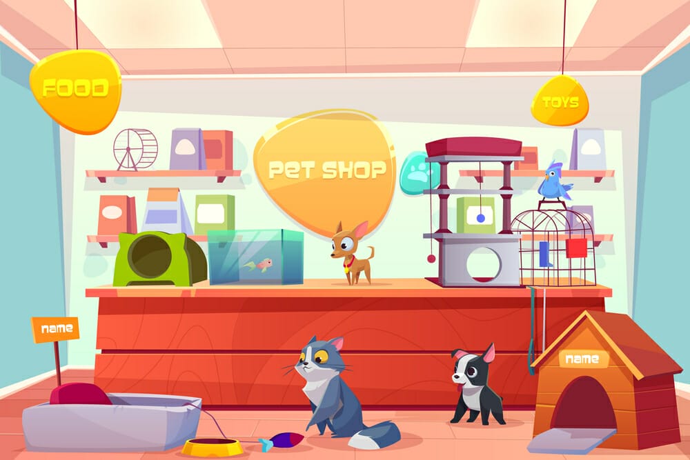 Pet shop with home animals, store interior with cat, dog, puppy, bird, fish in aquarium. Counter desk, accessories, food, toys, medicine on shelves. Petshop supermarket.